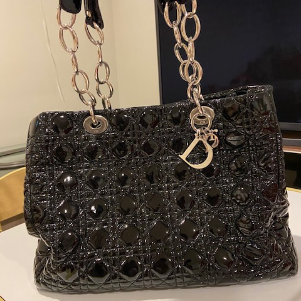Black quilted patent Dior shopping tote